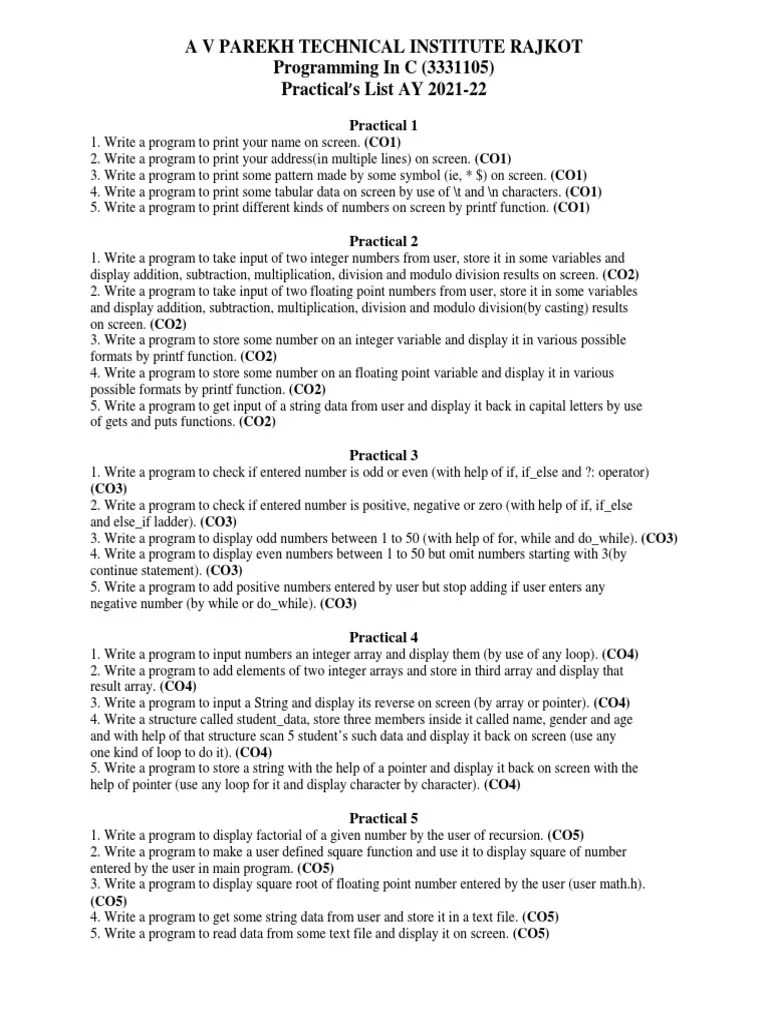 C Practical List 2021-22 | PDF | Array Data Structure | Pointer ...