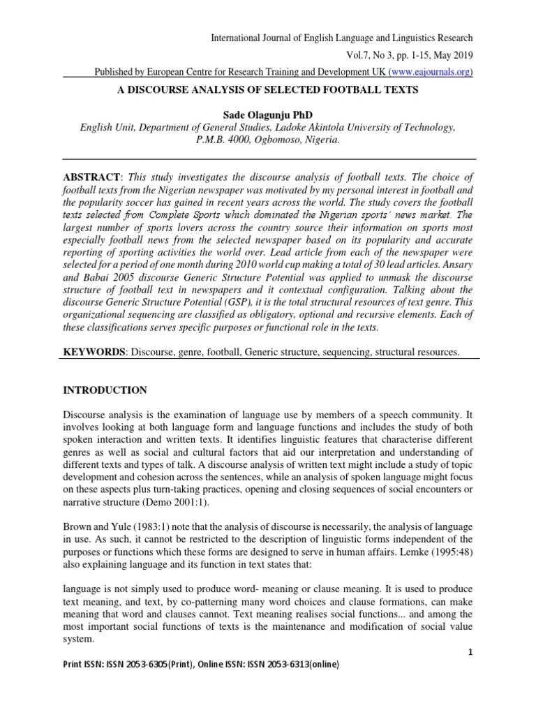 A Discourse Analysis Of Selected Football Texts | PDF | Discourse | Linguistics