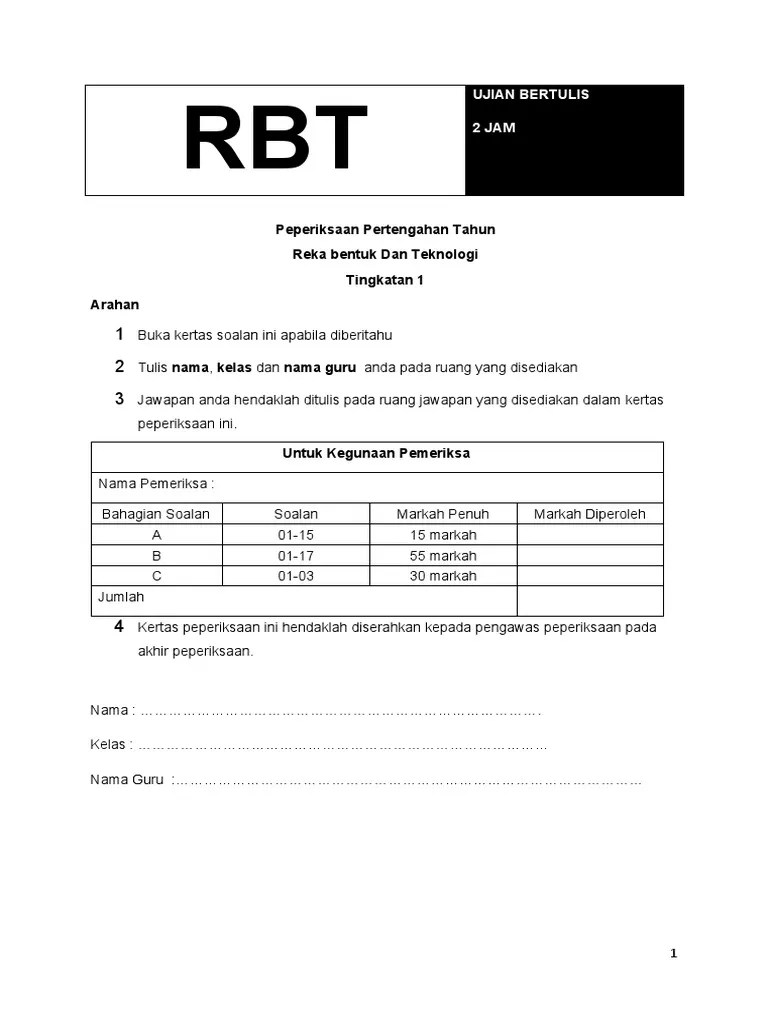 SOALAN PERTENGAHAN TAHUN RBT TINGKATAN 1 2019.docx New | PDF