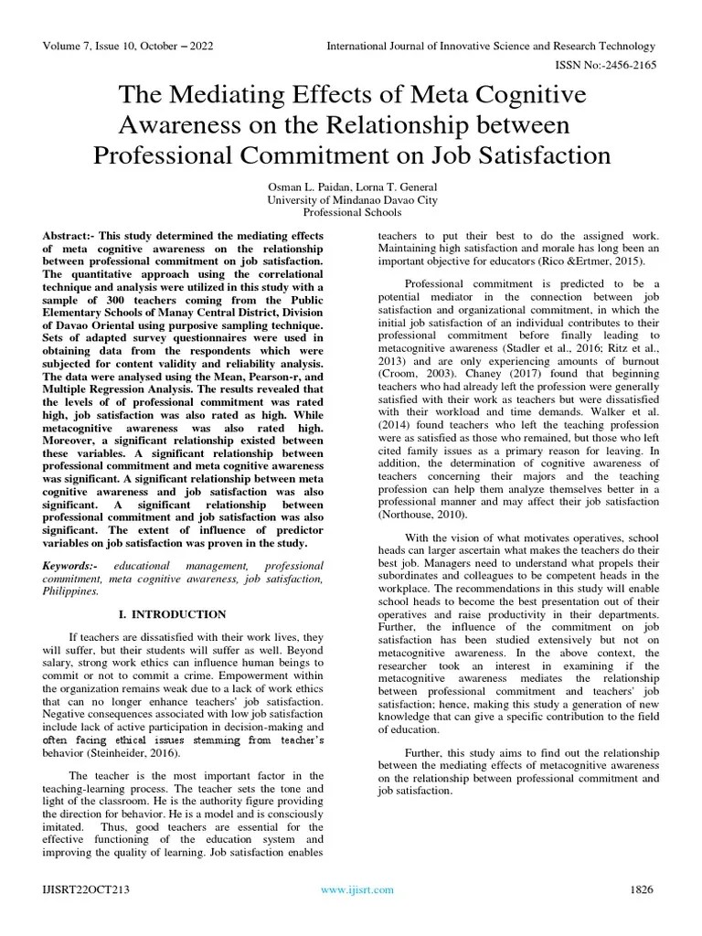 The Mediating Effects Of Meta Cognitive Awareness On The Relationship Between Professional ...