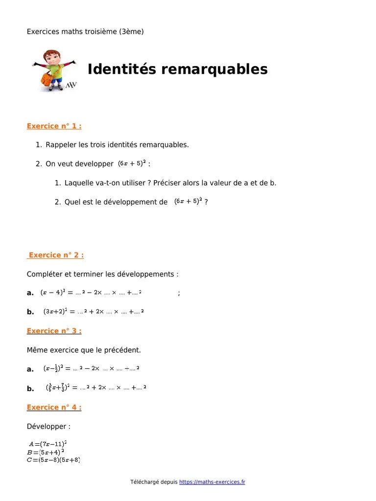 Identites Remarquables Exercices De Maths En Troisieme 3eme | PDF