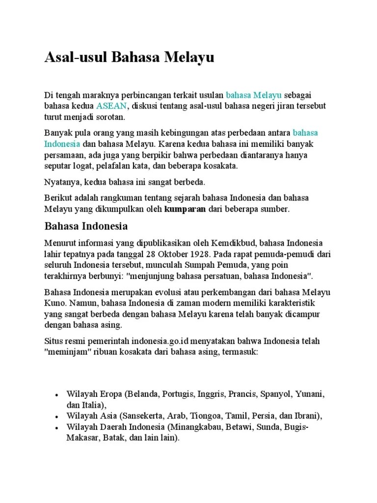 Asal Usul Bahasa Melayu | PDF