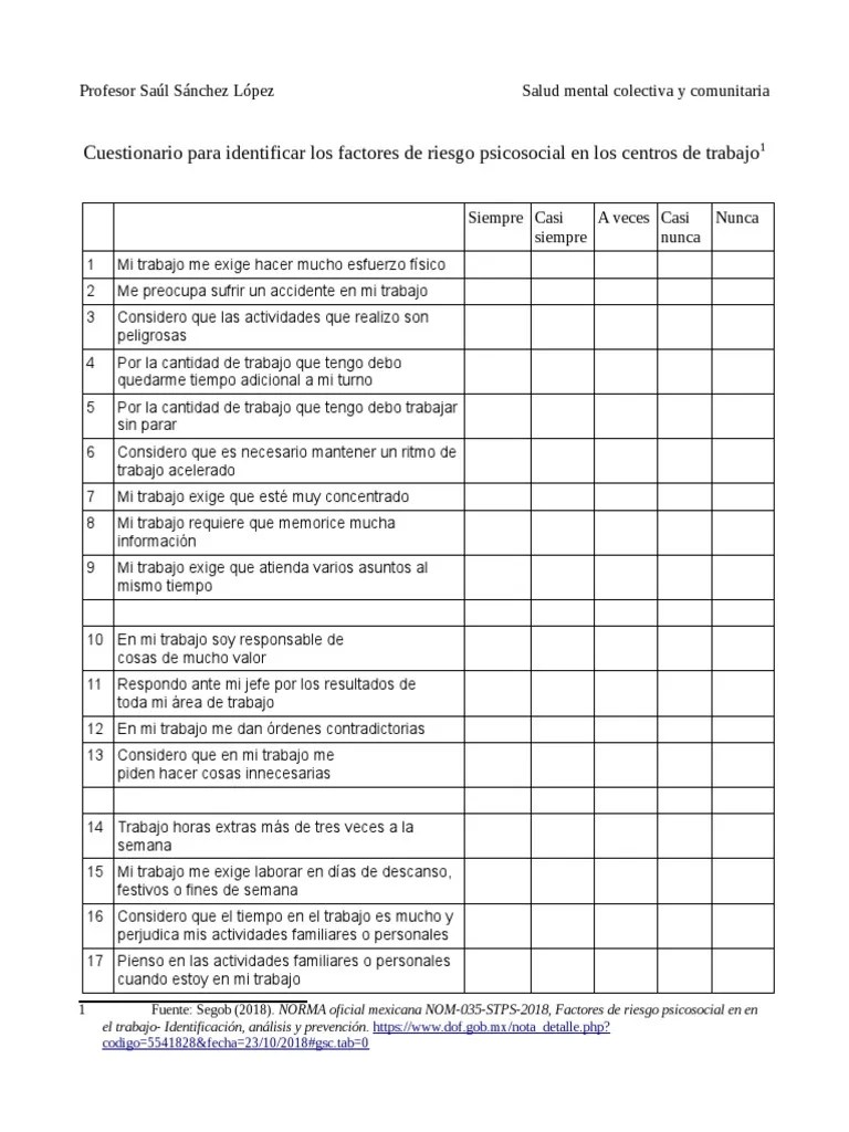 Cuestionario Factores De Riesgo Psicosocial | PDF