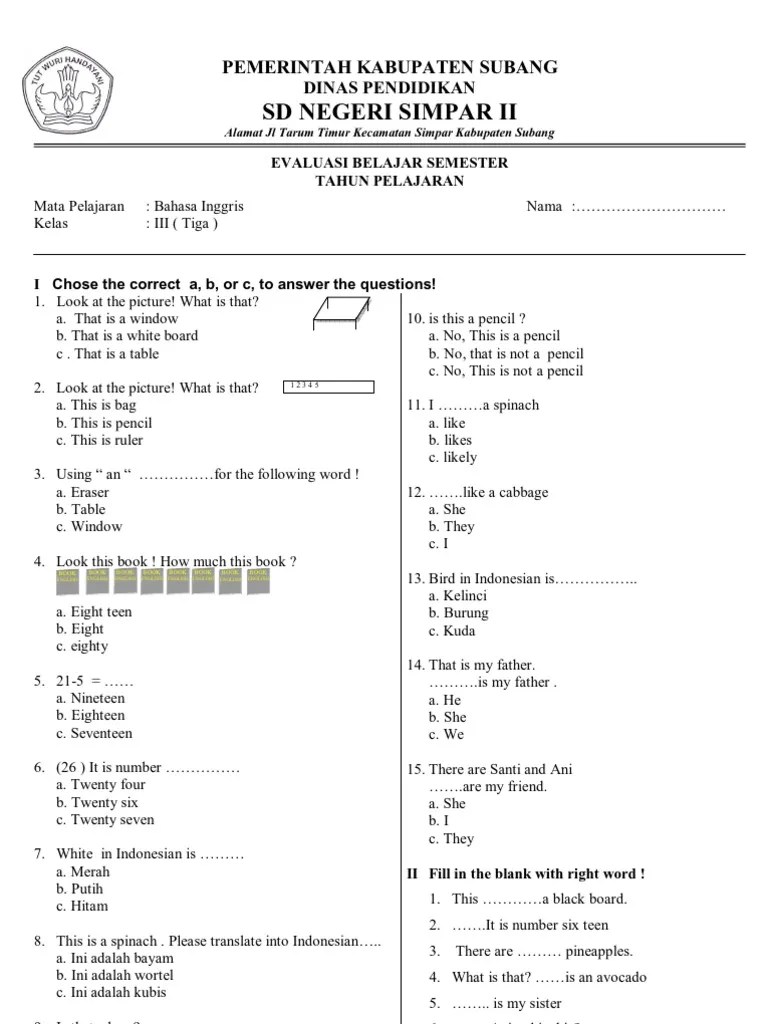 Buku bahasa inggris one stop sd mi kelas 1 2 3 4 5 6 edutama mulia, rp39.000. Soal Bahasa Inggris Kelas 3 Sd