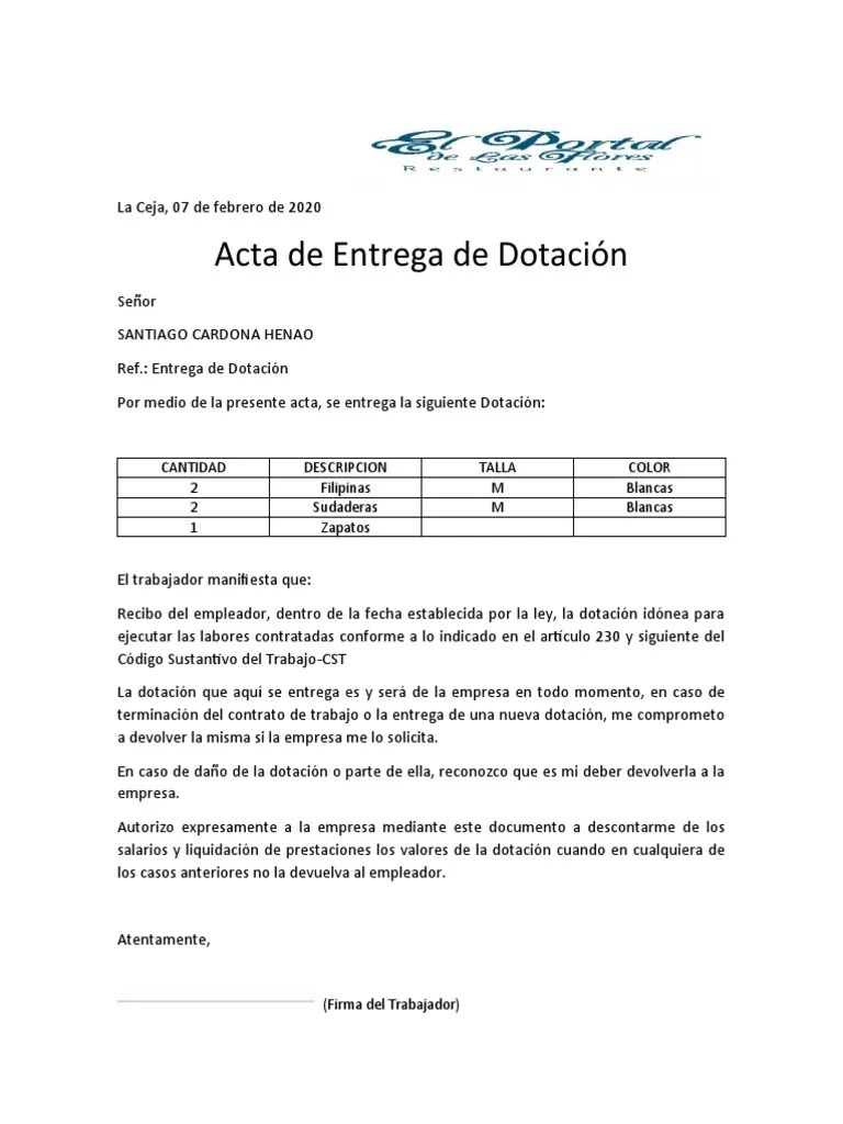 Acta Entrega De Dotacion | PDF
