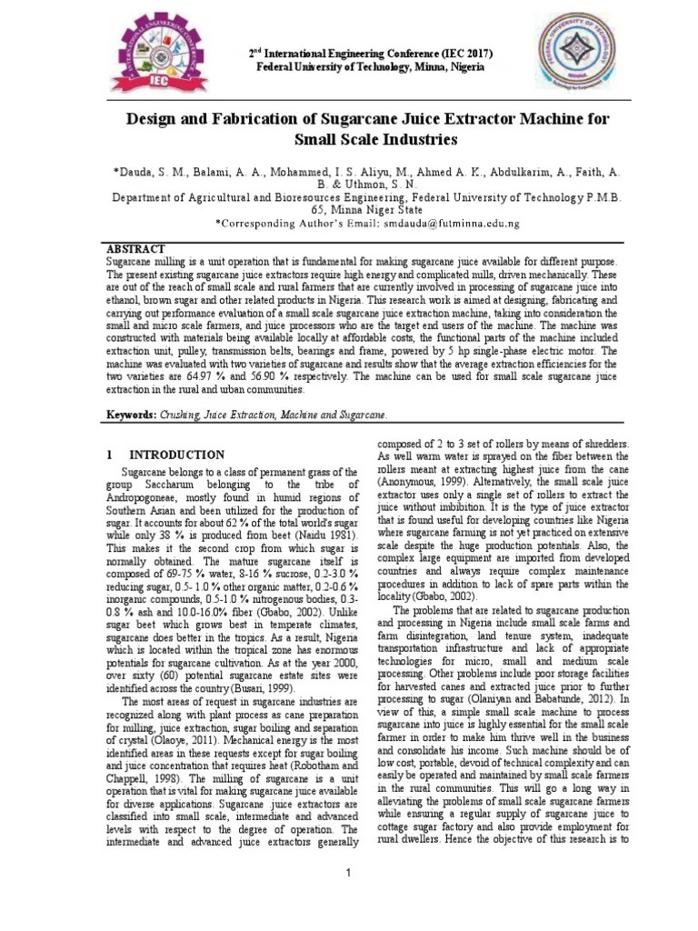 Design And Fabrication Of Sugarcane Juice Extractor Machine For | PDF | Sugarcane | Belt ...