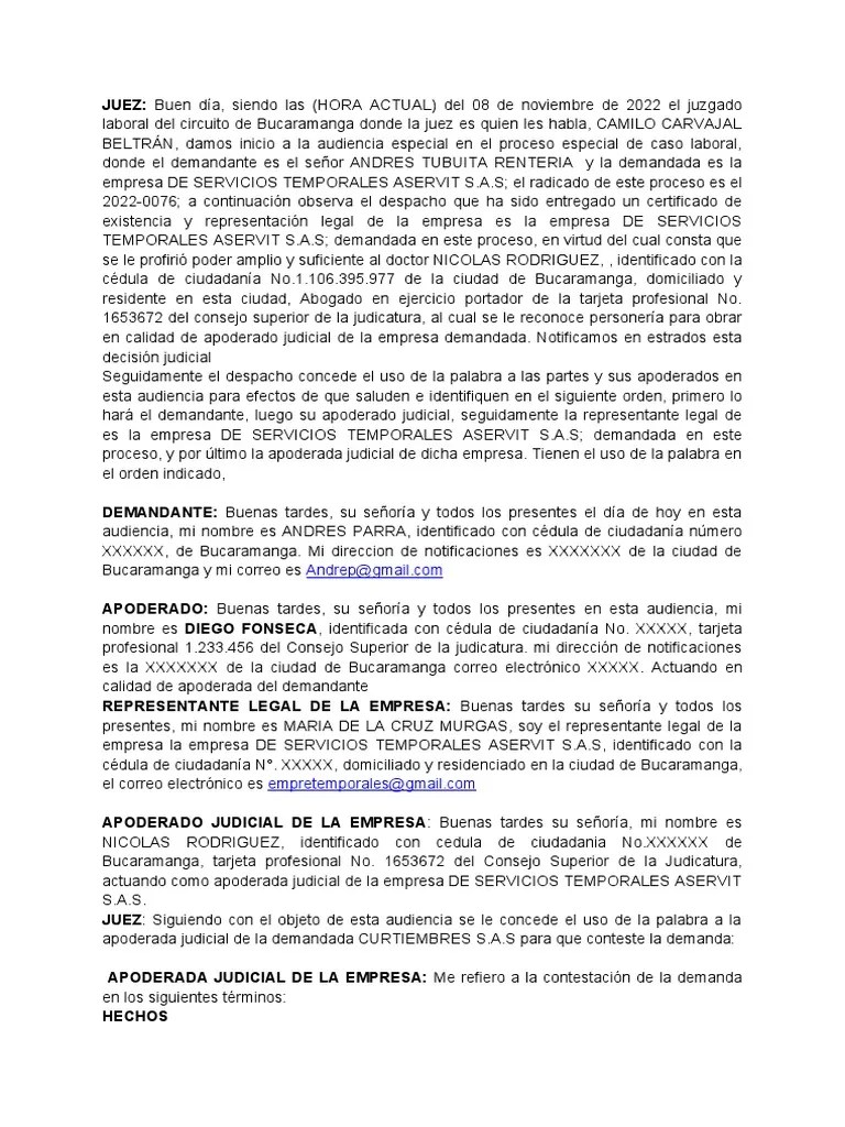 Audiencia Laboral Por Demanda De Acoso Laboral Y Despido Injustificado | PDF | Ley Procesal ...