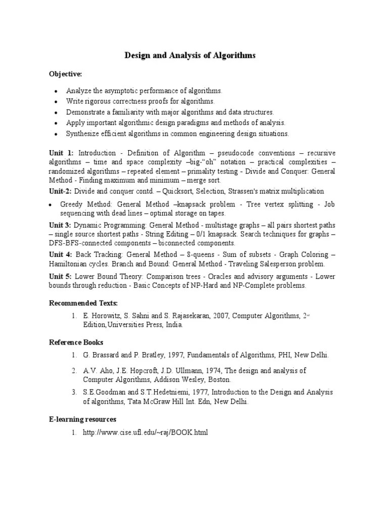 Design And Analysis Of Algorithms Sy | PDF