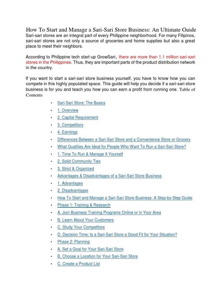How To Start And Manage A Sari-Sari Store Business An Ultimate Guide (RETAIL MANAGEMENT) | PDF ...