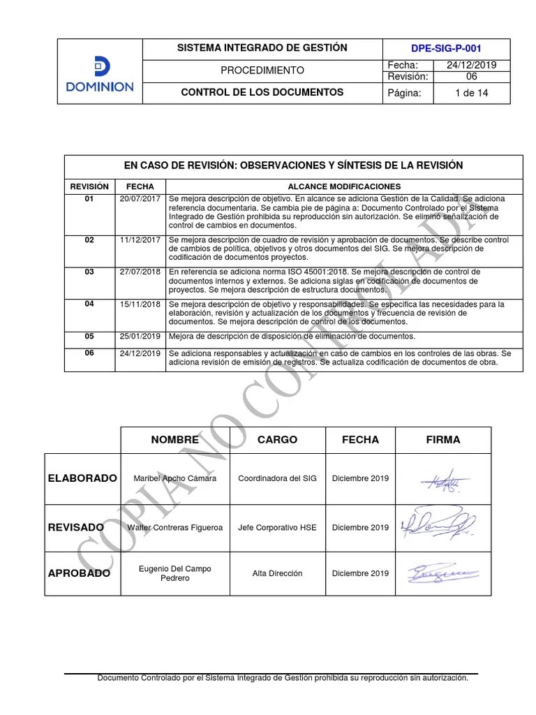 DPE-SIG-P-001 Rev06 Control De Documentos | PDF | Sistema De ...