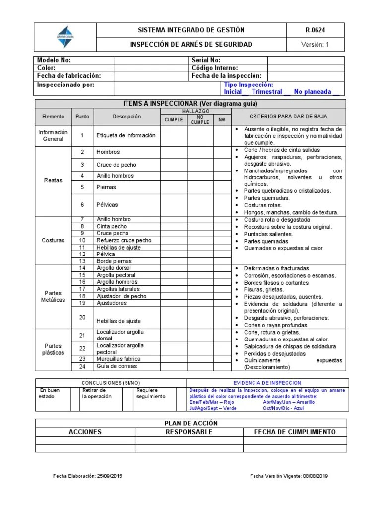 R-0624. Inspección Arnés De Seguridad Ver. 1 | PDF | Química | Sector ...