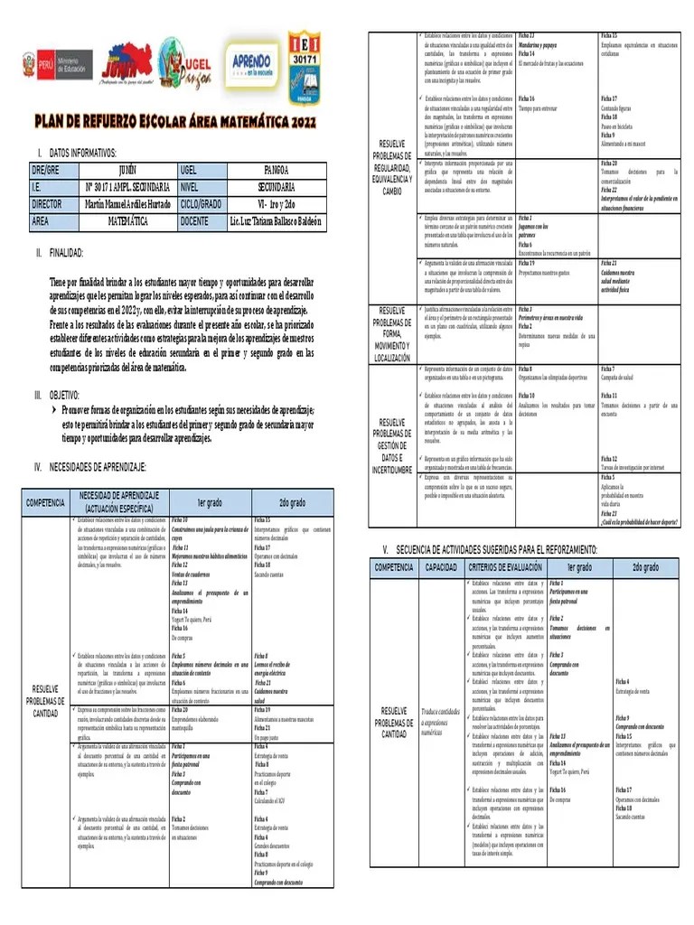Plan De Refuerzo Escolar-Matemática 1° Y 2° | PDF | Probabilidad | Ecuaciones