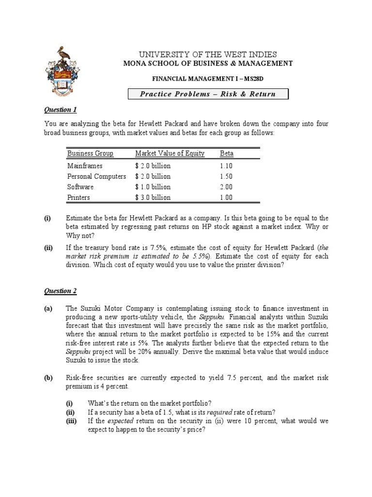 Prob Set#4-Risk - Return - Problems | PDF | Beta (Finance) | Capital Asset Pricing Model