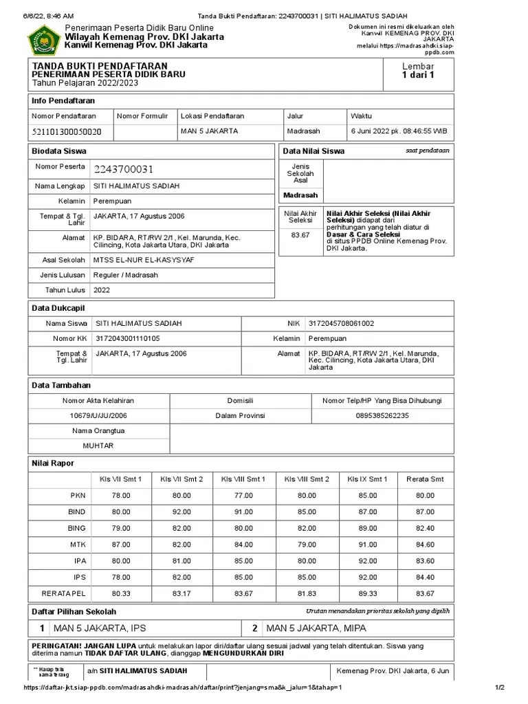 Tanda Bukti Pendaftaran - 2243700031 - SITI HALIMATUS SADIAH MAN 5 21 | PDF