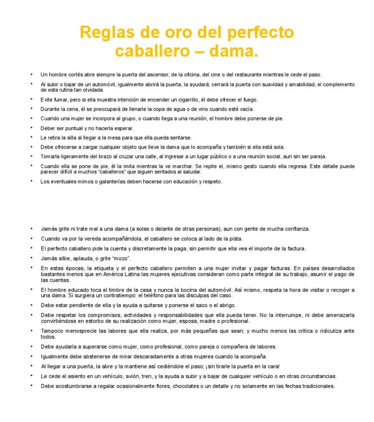 Reglas De Oro Del Perfecto Caballero - Dama | PDF