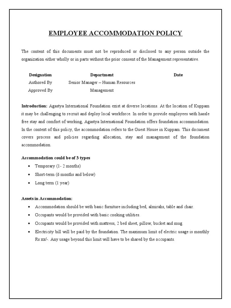Employee Accommodation Policy | PDF | Employment | Bed