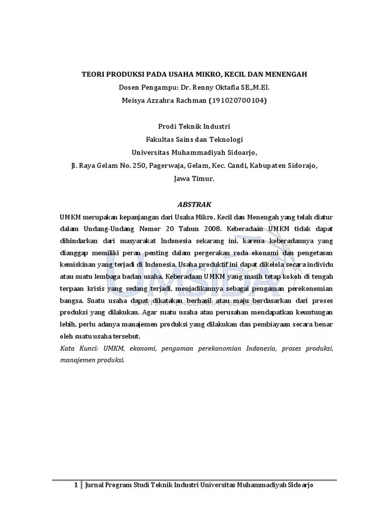 Teori Produksi Pada Usaha Mikro, Kecil Dan Menengah | PDF