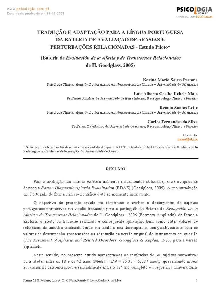 Considerações Na Avaliação Do Teste NOMEAÇÃO De BOSTON | PDF | Portugal ...