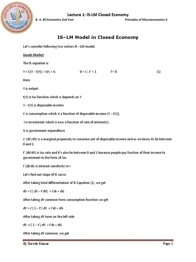 Lecture 1 IS-LM Closed Economy | PDF | Macroeconomics | Economies