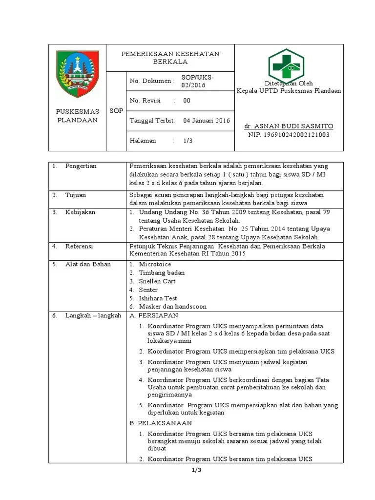 Sop Uks-02 Pemeriksaan Kesehatan Berkala | PDF