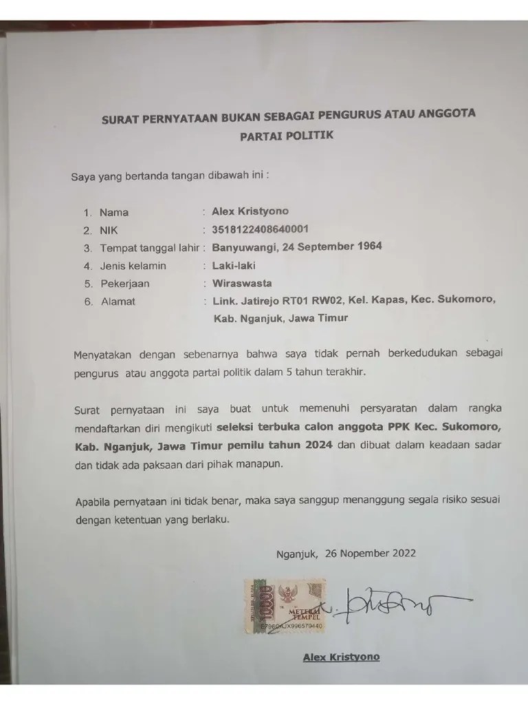 Surat Pernyataan Bukan Anggota Parpol | PDF