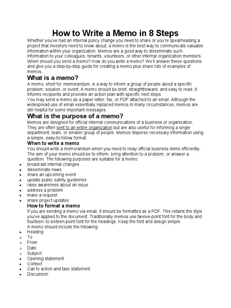 How To Write A Memo In 8 Steps | PDF | Memorandum | Communication