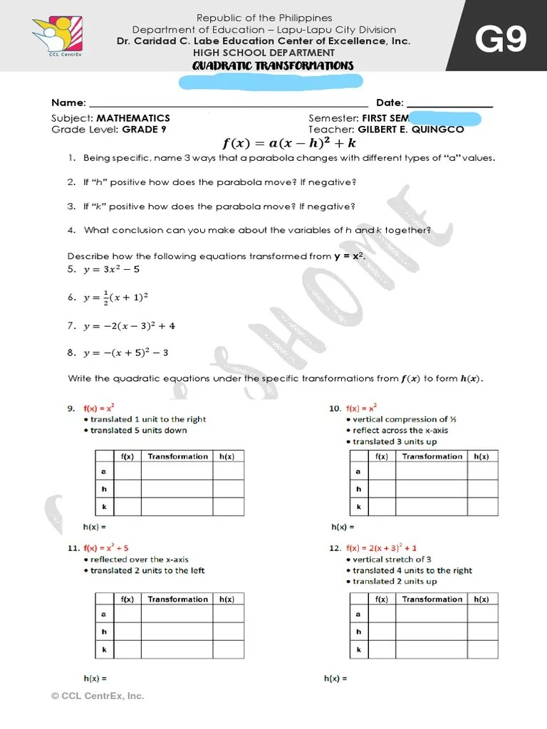 Quadratic Transformations Worksheet | PDF