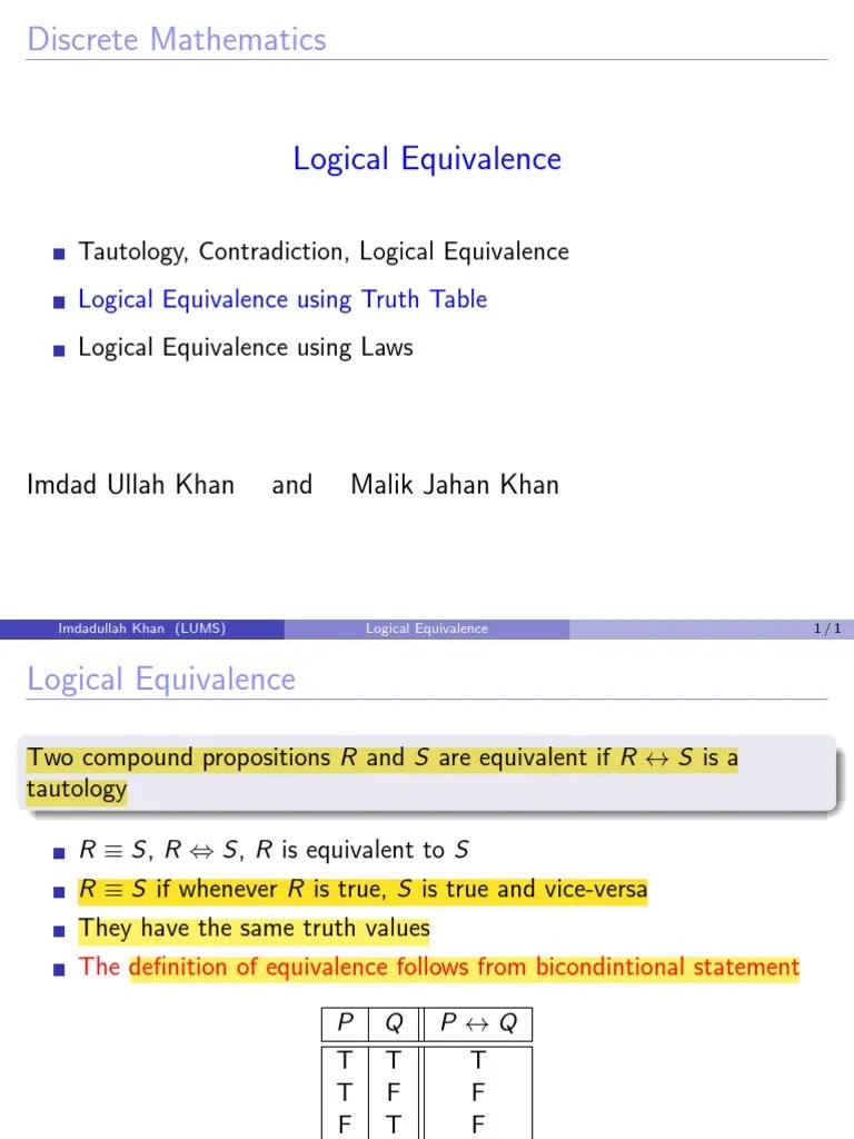 CS210 Slides 02 02 Logic Equivalence TruthTables | PDF | Mathematical ...