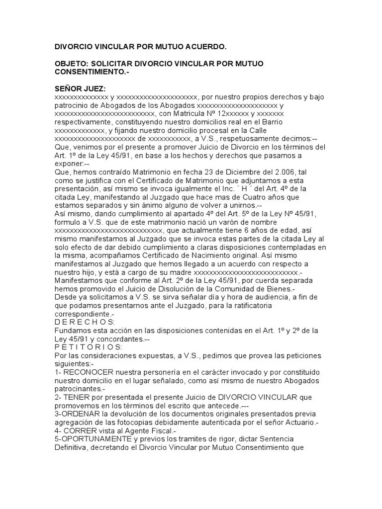 Modelo De Divorcio Por Mutuo Consentimiento | PDF