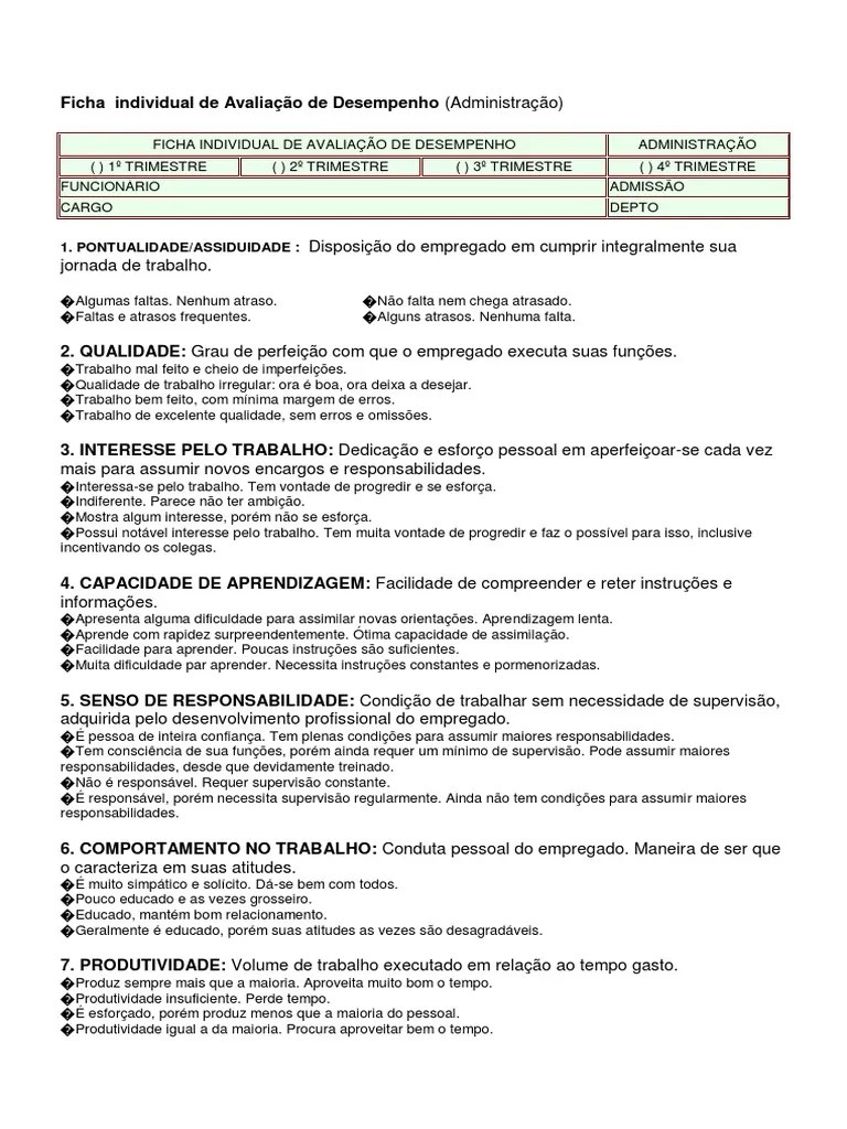 Formulario II Ficha Individual De Avaliação De Desempenho | PDF | Tempo | Aprendizado