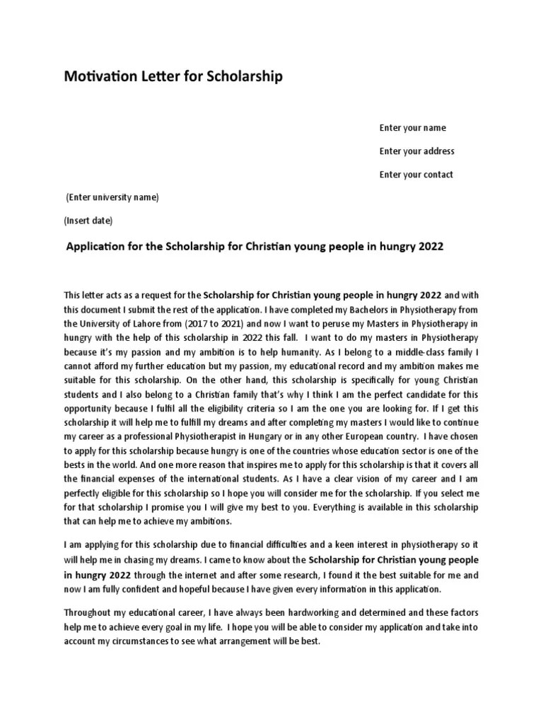 Motivation Letter For Scholarship | PDF