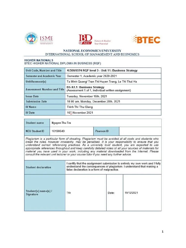 Business Strategy - Final Assignment - BTEC HND Level 5 - Semester 2021/2022 | PDF | Strategic ...