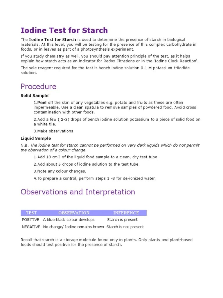 Iodine Test For Starch | PDF | Starch | Iodine