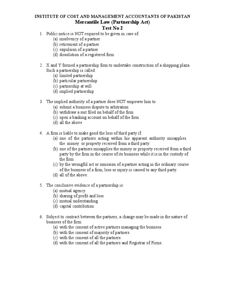 Test 2-Partnership Act | PDF | Partnership | Law Of Agency