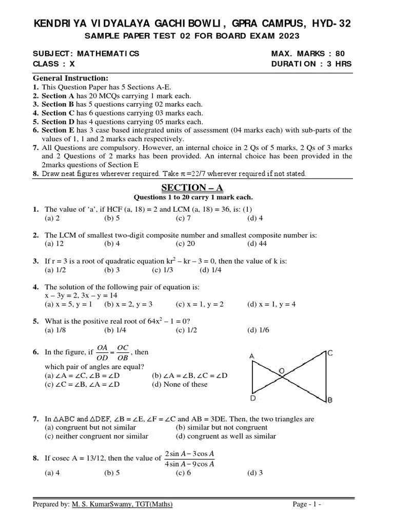 Maths Class X Sample Paper Test 02 For Board Exam 2023 | PDF | Area ...