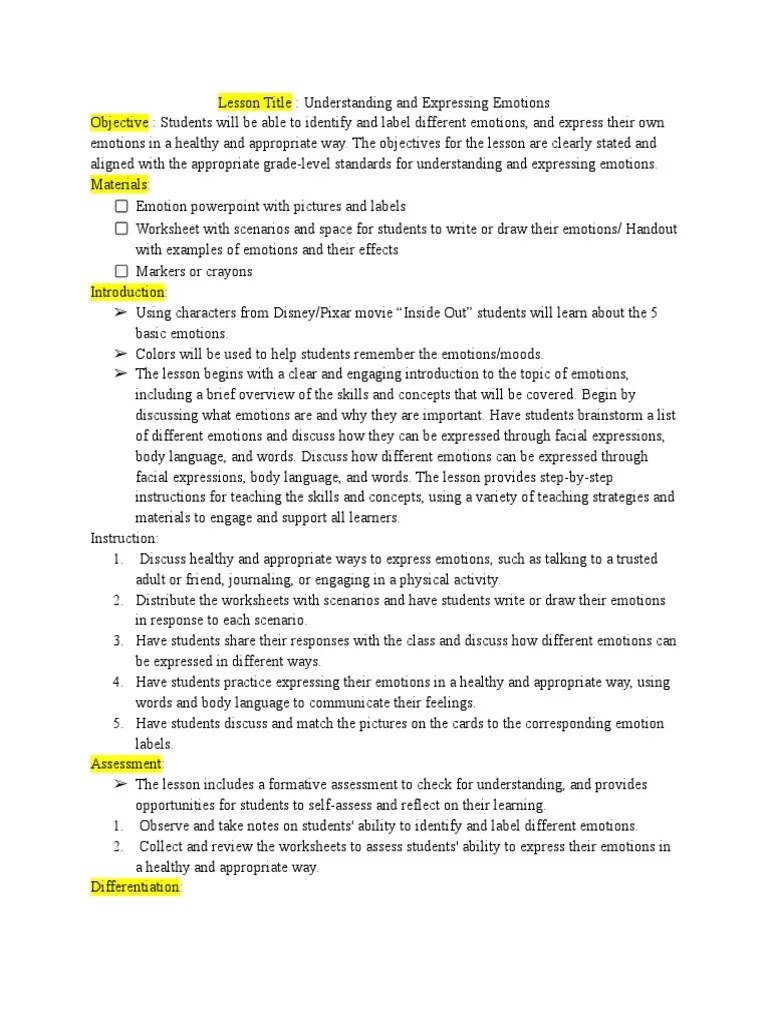 Emotions Lesson Plan | PDF | Emotions | Learning