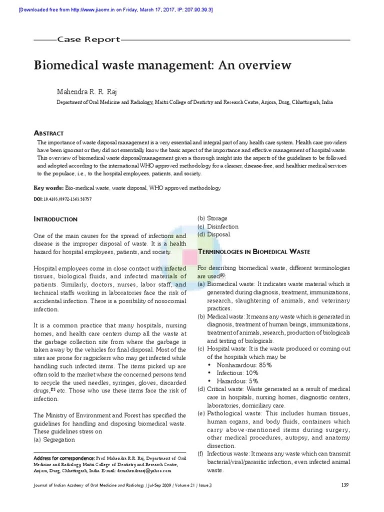 Biomedical Waste Management An Overview | PDF | Waste | Waste Management
