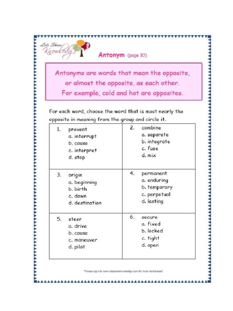 Antonym Worksheet Lesson 9 | PDF