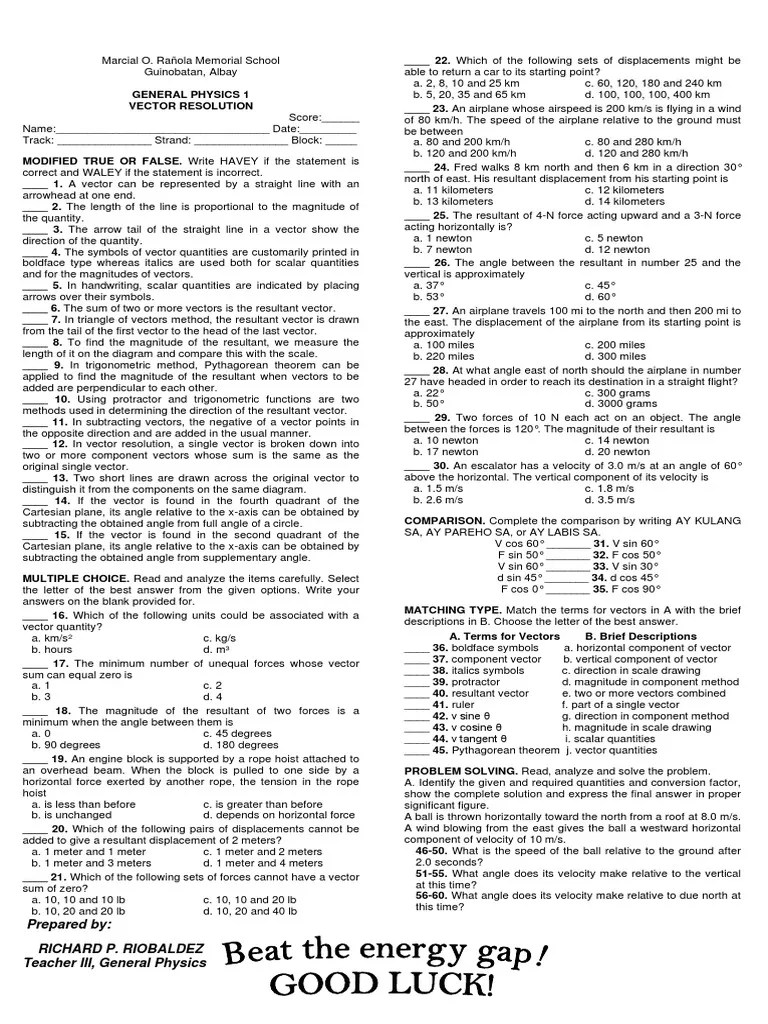 General Physics 1 Summative Test Vector Resolution | PDF | Euclidean Vector | Force
