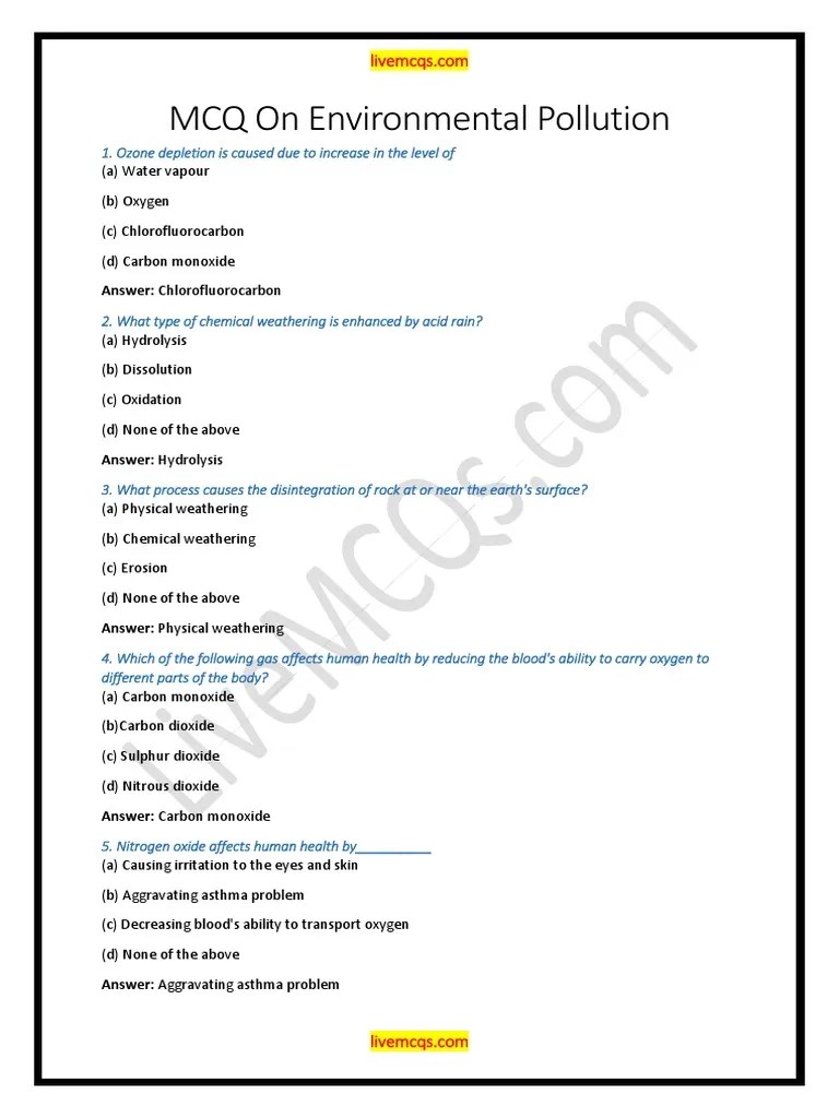MCQ On Environmental Pollution With Answers PDF | PDF | Atmosphere Of Earth | Ozone Depletion