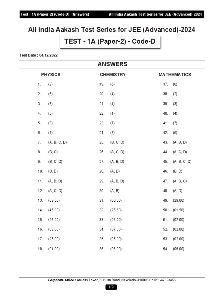 AIATS - JEE (A) 2024 - Test-1A - P-2 - (Code-D) - Ph-3 & 4 - 04-12-2022 ...