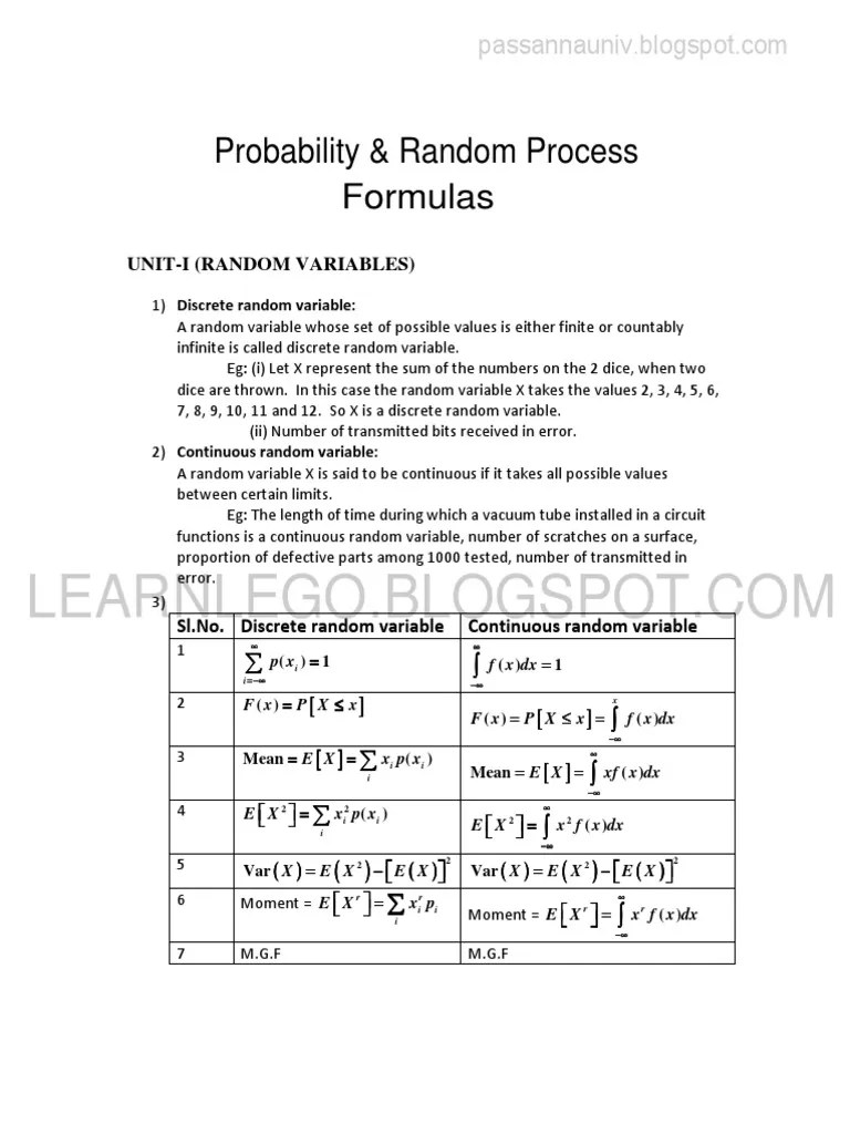 Probability & Random Process Formulas All Units | PDF | Markov Chain ...