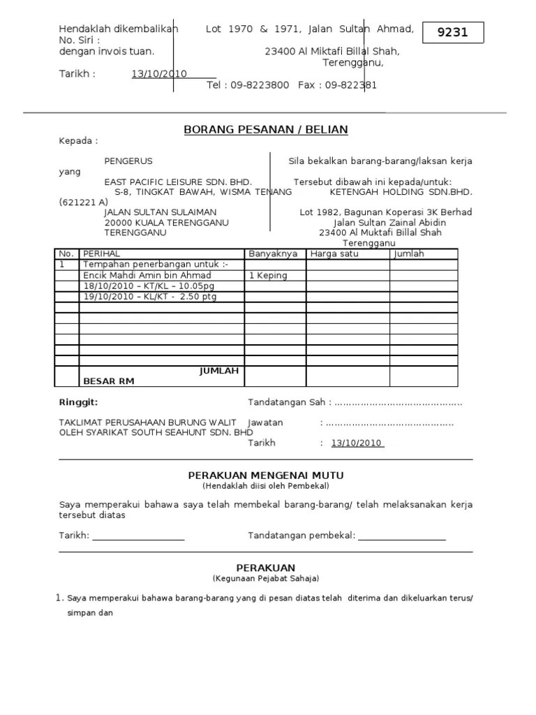 Budi berstatus sebagai karyawan tetap di pt angin ribut. Contoh Borang Pesanan Belian