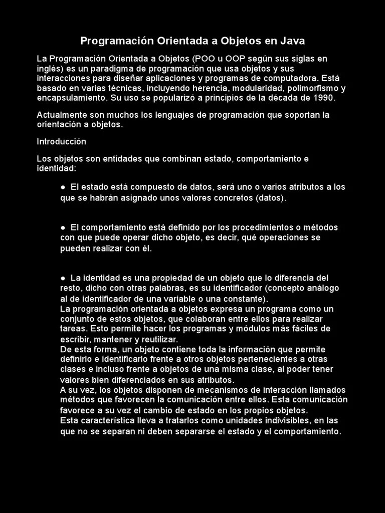 Poo Java | PDF | Objeto (informática) | Programación Orientada A Objetos