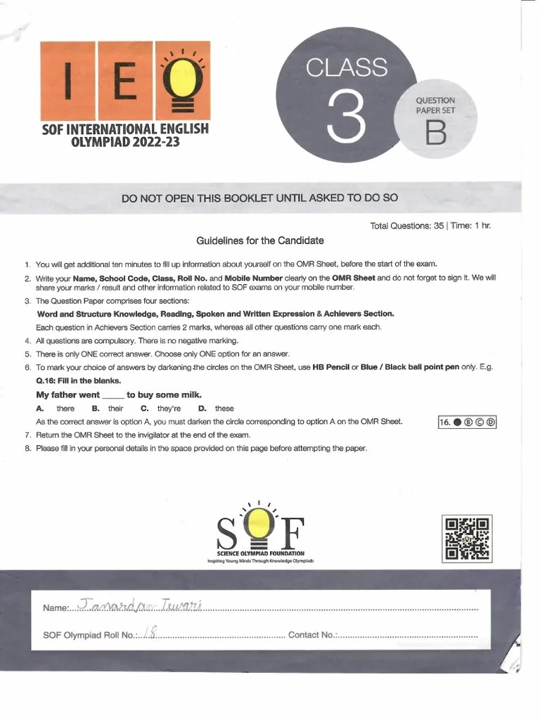 SOF IEO 2022 Class 3 Set B | PDF