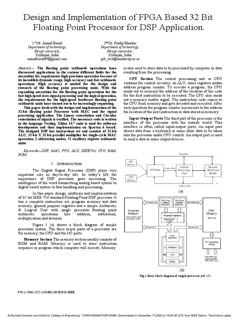 Design And Implementation Of FPGA Based 32 Bit Floating Point Processor For DSP Application ...