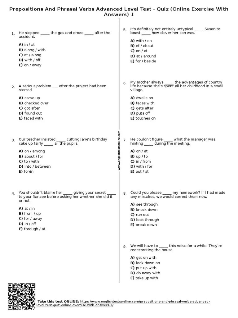 394 - Prepositions And Phrasal Verbs Advanced Level Test Quiz Online Exercise With Answers 1 | PDF
