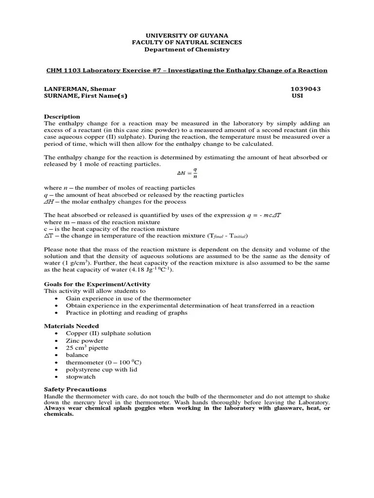 LAB#7 - Enthalpy Change Of A Reaction | PDF | Enthalpy | Heat