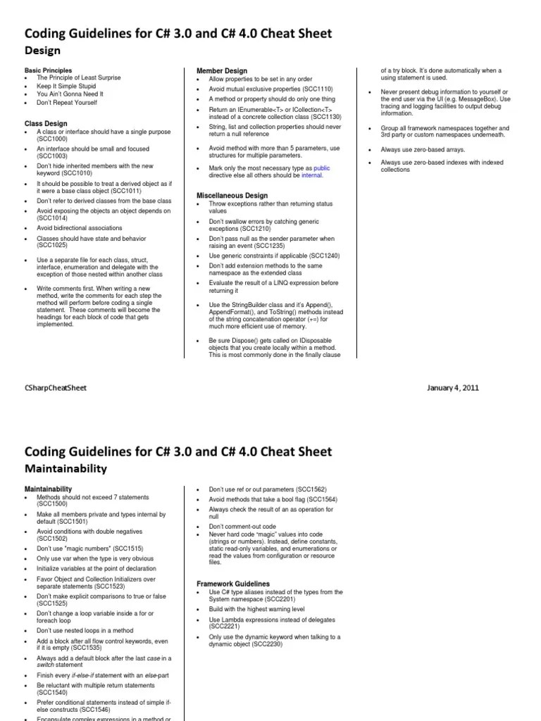 CSharp Cheat Sheet | PDF | C Sharp (Programming Language) | Control Flow