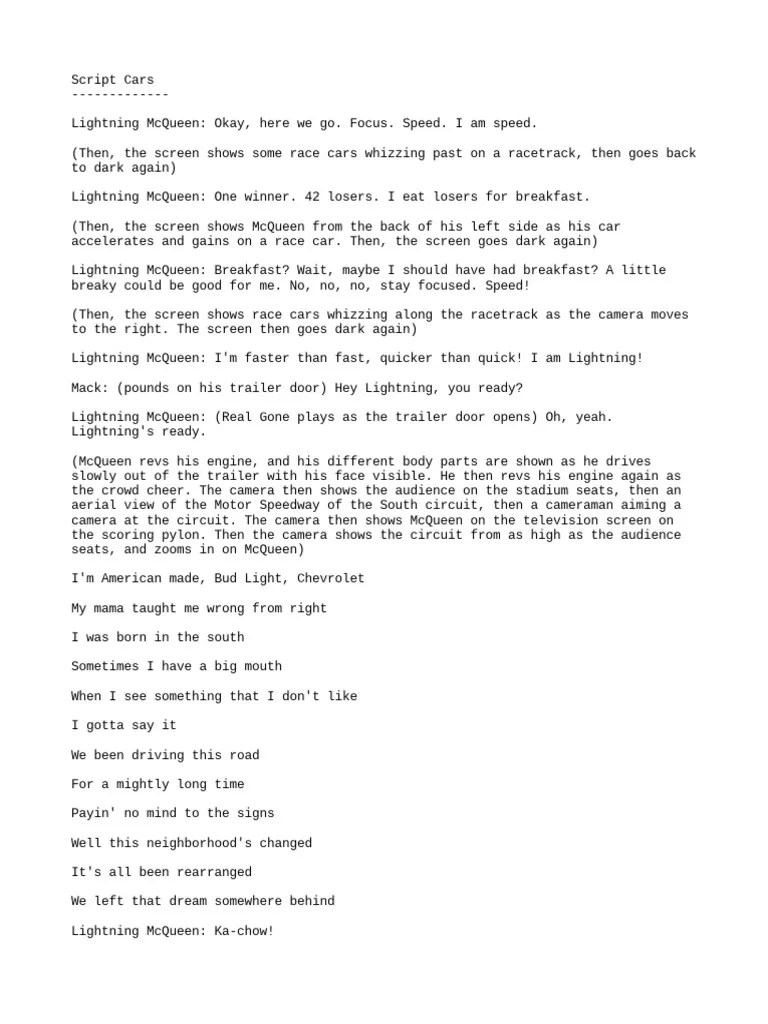 Cars 1, Movie Script (English Version) | PDF